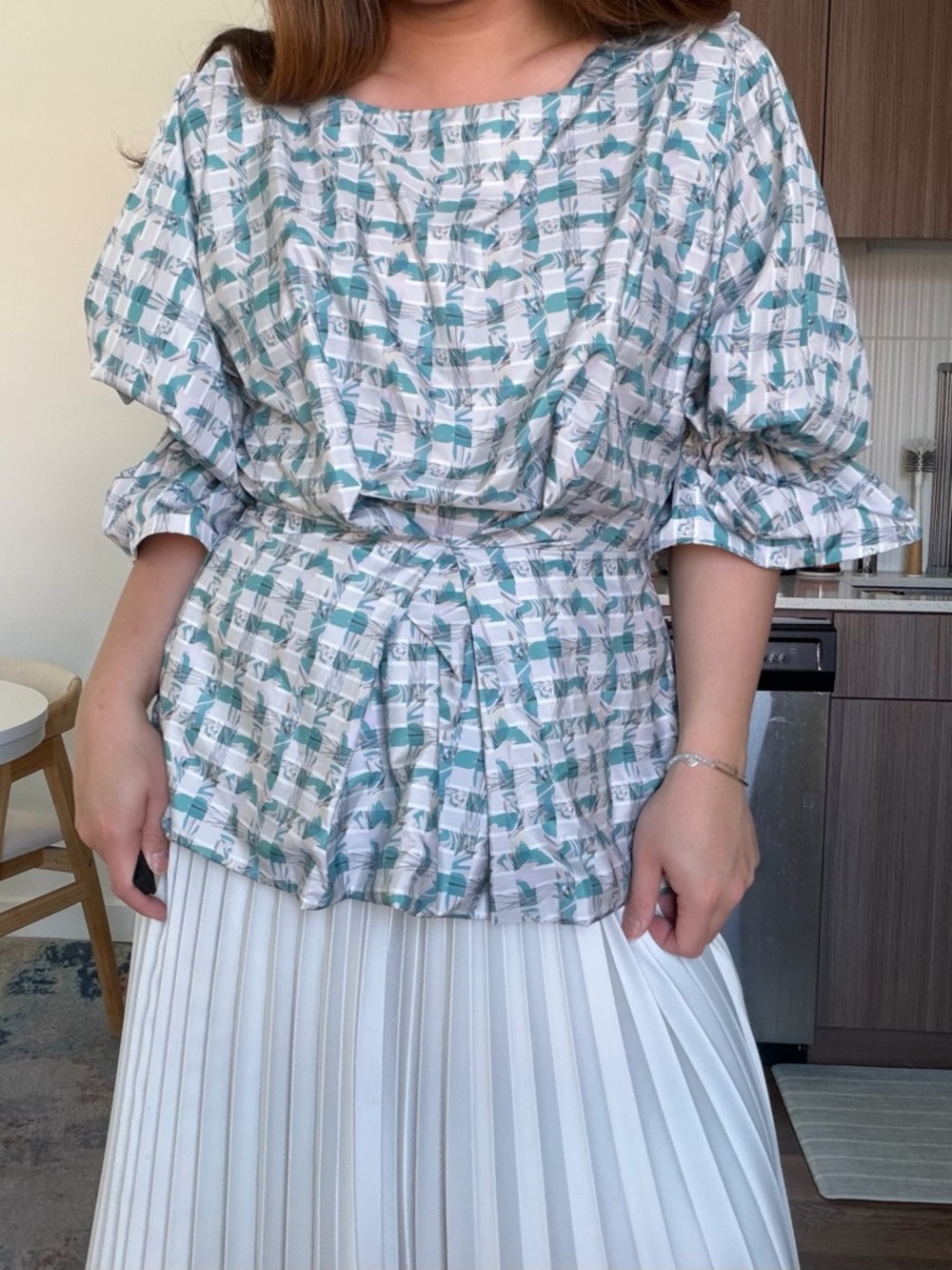Printed Peplum Sleeve Top in Teal and White